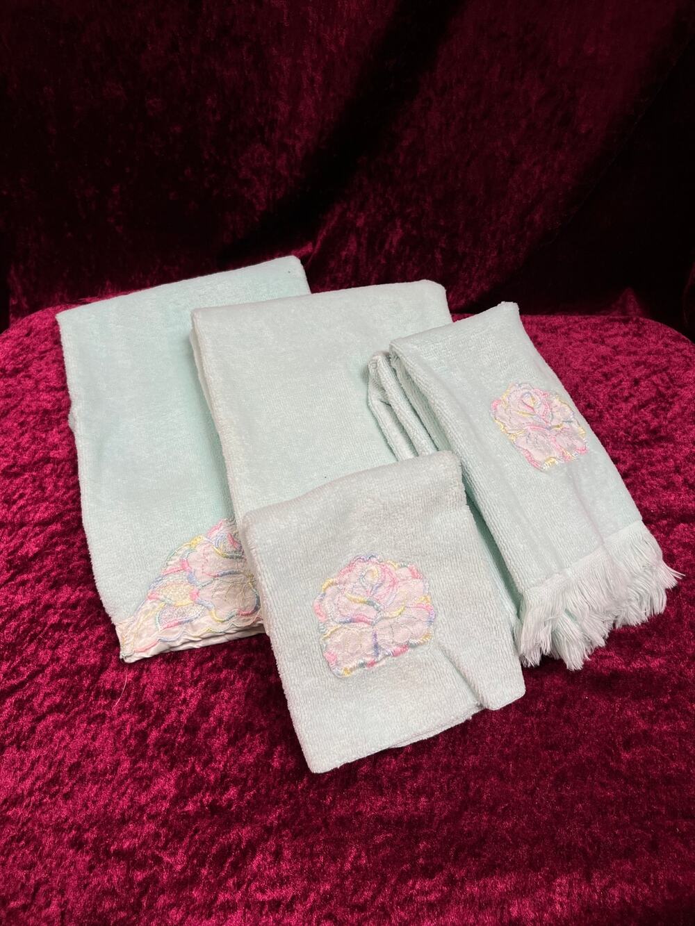 Vintage Cotton Towel Set - Pastel Blue Multicolor Embroidered Roses Made in USA